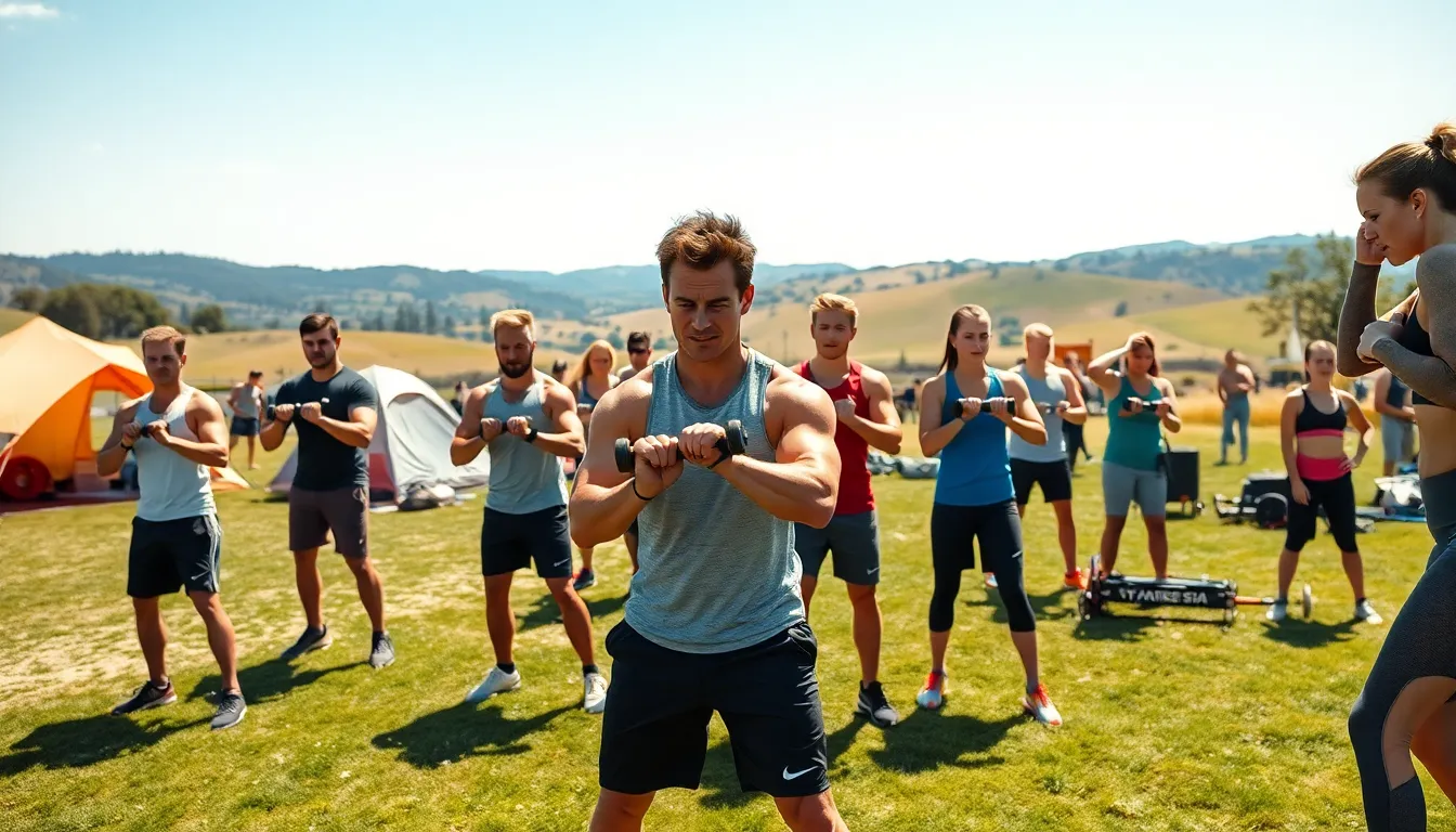 diverse athletes engaged in fitness activities outdoors at a training camp.