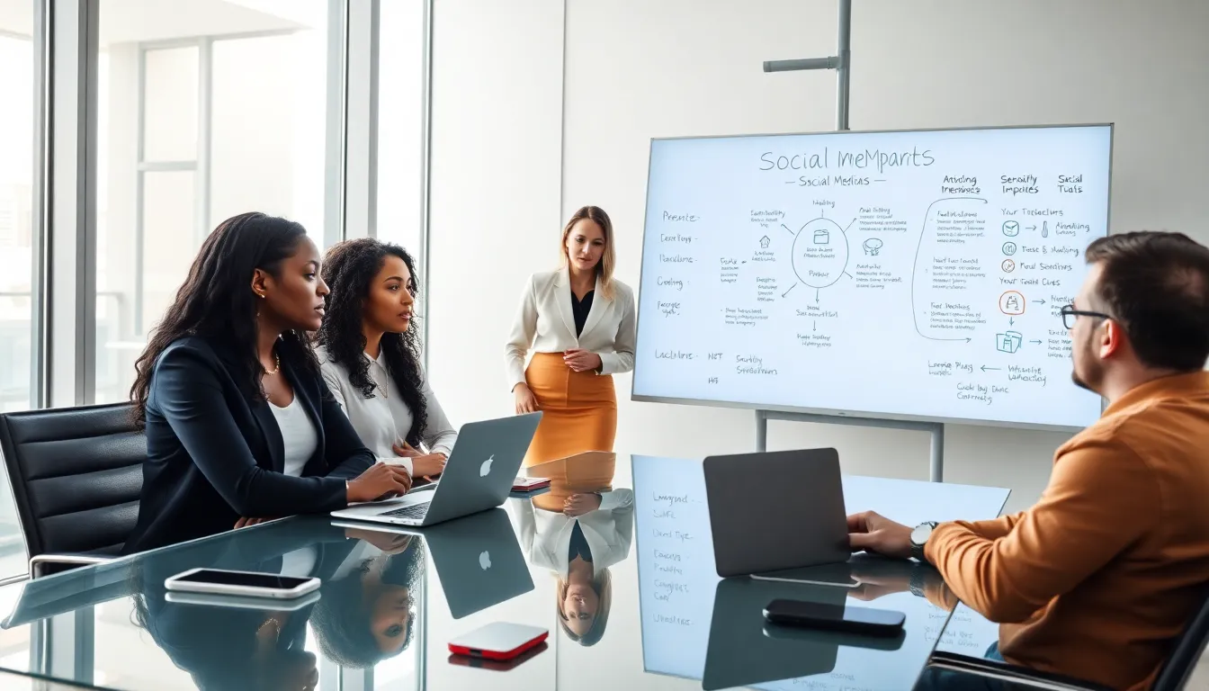 professionals discussing the impact of social media in a modern office.