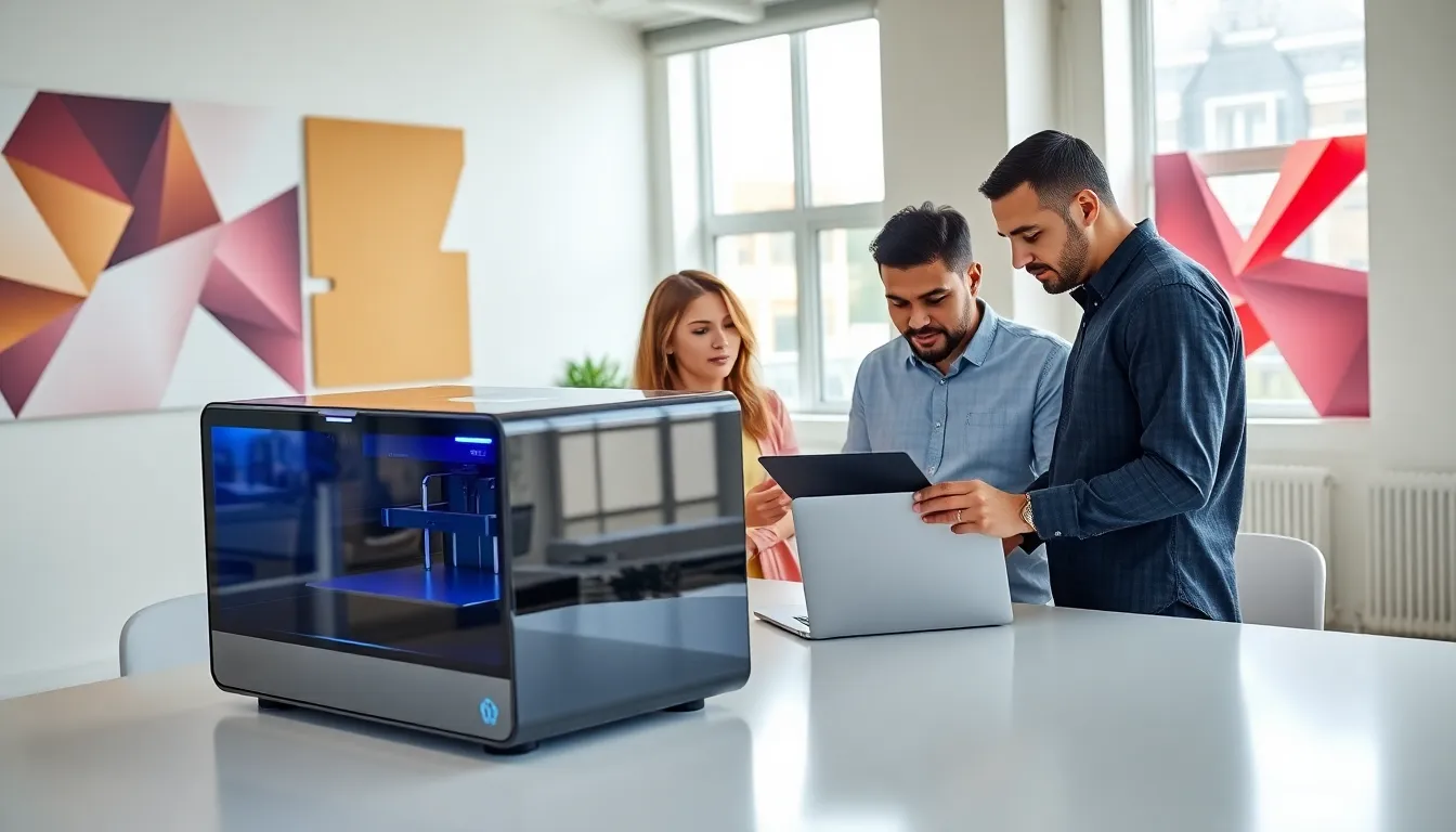 team discussing 3D printing software in a modern office.
